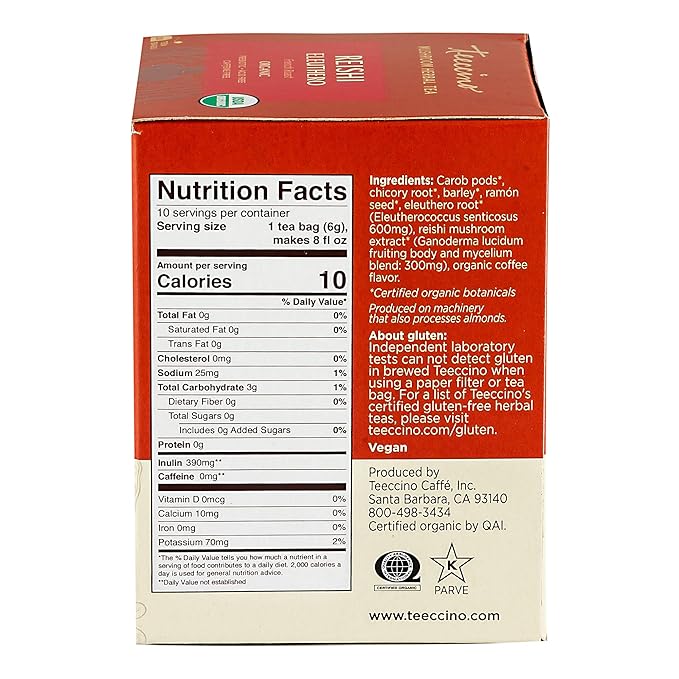 Teeccino Reishi Eleuthero Tea - French Roast - 10 TeaBags - Organic Mushroom Adaptogenic Herbal Tea, 3x More Herbs than Regular Tea Bags, Caffeine Free, Chicory Prebiotic