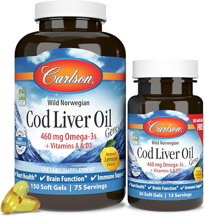 Carlson - Cod Liver Oil Gems, 460 mg Omega-3s, Plus Vitamins A and D3, Wild Caught Norwegian Arctic Cod, Sustainably Sourced Nordic Fish Oil Capsules, Lemon, 150 + 30 Softgels