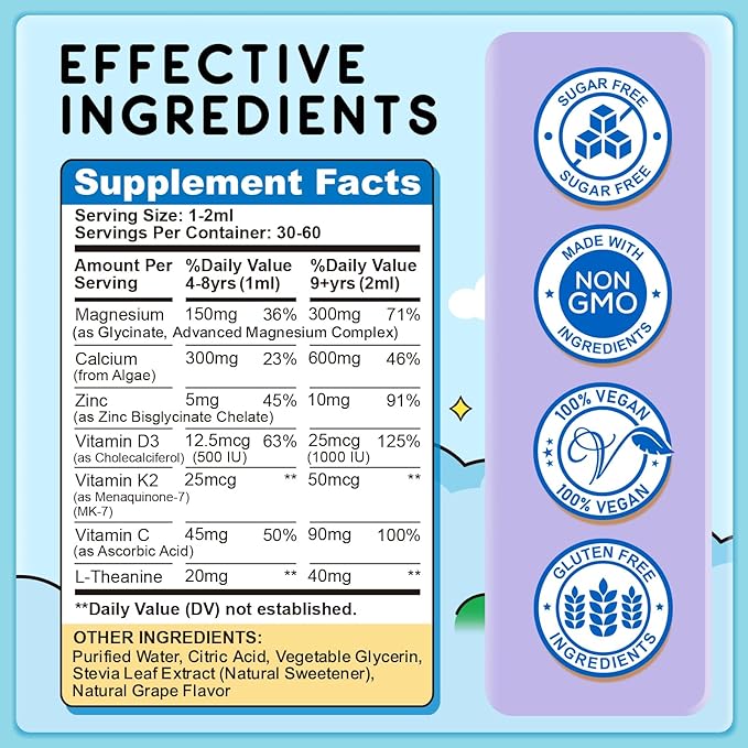 (2 Pack) Magnesium Glycinate Liquid for Kids, Kids Magnesium Liquid Drops Supplement with L-Theanine, Calcium, Zinc, Vitamin D3 K2 for Sleep Calm Relaxation Brain Bones Focus, Grape Flavor 4 Fl Oz