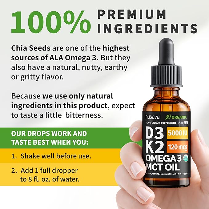 (4 Pack) Organic Vitamin D3 K2 Drops with MCT Oil Omega 3, 5000 IU - Maximum Strength Vitamin D Liquid, No Fillers, Non-GMO Liquid D3 for Faster Absorption and Immune Support, Unflavored, 4 Fl Oz