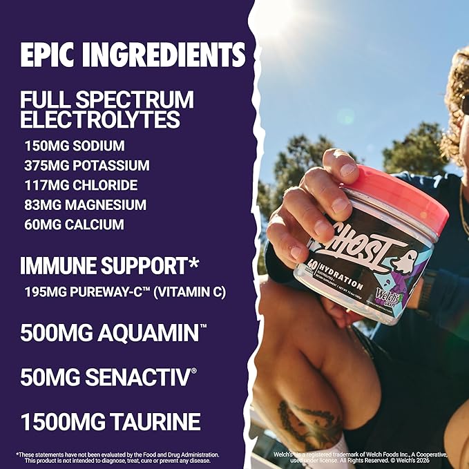 GHOST Hydration Tub, Electrolyte Powder, Welch’s Grape - Sugar Free Instant Electrolyte Drink Mix - Caffeine-Free Daily Hydration & Immune Support with Clean Formula - 40 Servings