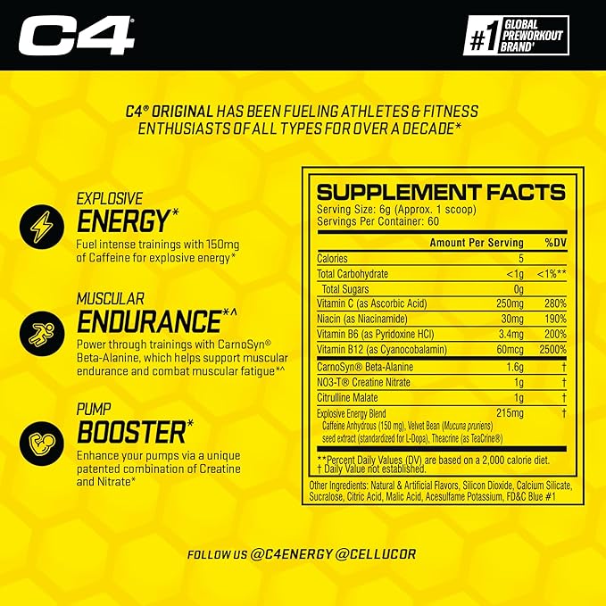C4 Original Pre Workout Powder Icy Blue Razz - Vitamin C for Immune Support - Zero Sugar Preworkout Energy for Men & Women - 150mg Caffeine Plus Beta Alanine Plus Creatine - 60 Servings