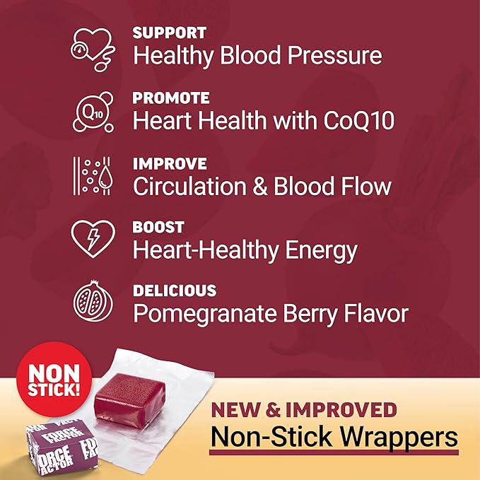 Force Factor Total Beets Ultimate Heart Health Chews for Blood Pressure Support,with Beetroot Powder,CoQ10,B Vitamins & Grapeseed Extract for Blood Flow & Energy,Black Cherry,60 Soft Chews,(Pack of 2)