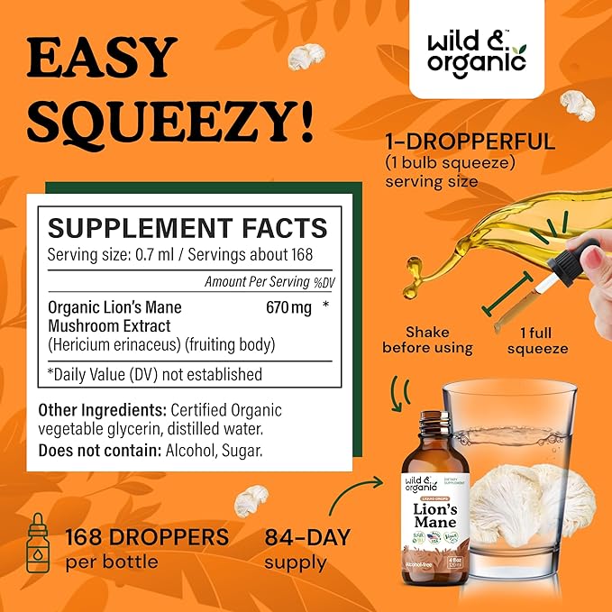 Wild & Organic Lions Mane Liquid Drops - Brain & Focus Support - Lion's Mane Mushroom Supplement - Hericium Erinaceus Mushroom Drops - Mix with Powder - Sugar & Alcohol-Free Extract Tincture - 4 oz