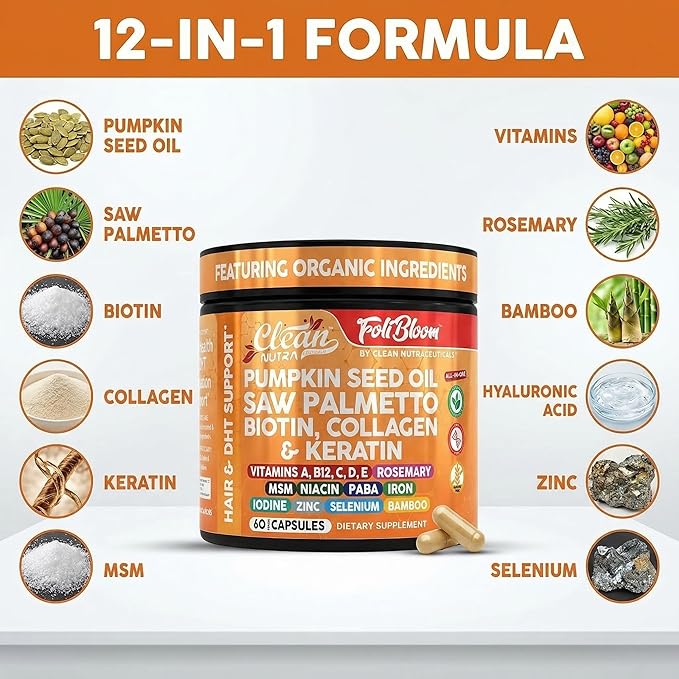 Clean Nutra Pumpkin Seed Oil Capsules + Saw Palmetto Biotin Collagen Keratin MSM Folate Hyaluronic Acid Supplements B12 Zinc Hair Supplement for Women Men Iodine 5-MTHF B-12 Vitamin B9-60 Pills