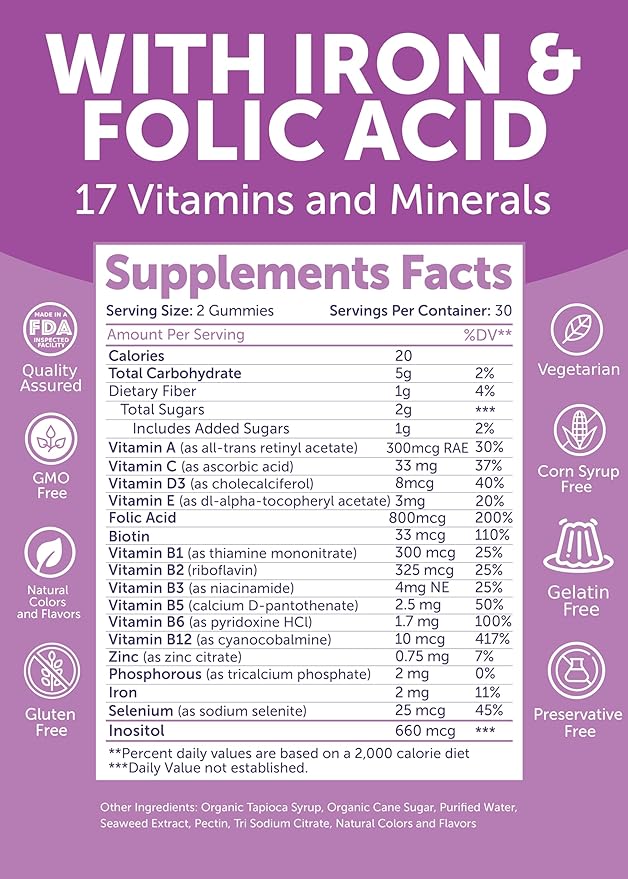 Lunakai USA Made 17-in-1 Prenatal Vitamins for Women with Iron & Folic Acid – Delicious Daily Prenatal Gummies for Maternal Wellness Support, 60ct