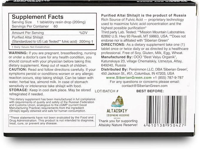 Siberian Green Premium Pure Shilajit Dry Drops Altai Golden Mountains - 60 Count (200 mg) Authentic Safety & Quality Certificate - US Lab Tested Fulvic Acid
