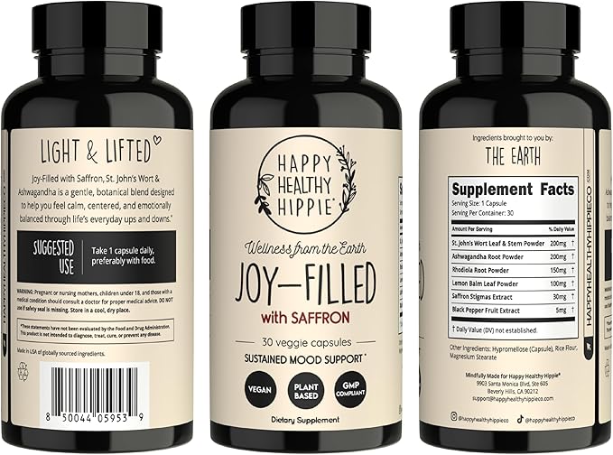 Joy-Filled with Saffron Mood Support Supplement — Daily Mood Support with 30mg Extract + Ashwagandha, Rhodiola, St. John's Wort, Lemon Balm | Saffron Supplements for Emotional Support, Vegan, 30 Ct