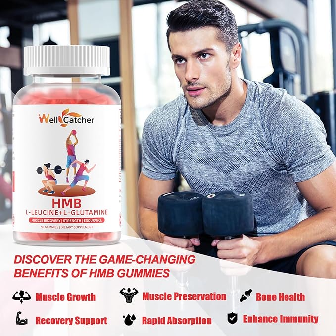 HMB and Leucine Amino Acid Gummies: HMB Supplements for Men Women with L-Glutamine for Muscle Growth Fast Workout Recovery, Sugar Free Vegan Non-GMO Strawberry Flavored 30 Day Supply
