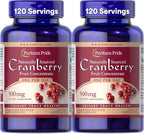 Puritan's Pride Naturally Sourced Cranberry One Per Day Fruit Concentrate 500mg, 50:1 Dietary Supplement for Urinary Tract Support, 4 Month Supply, 120 Rapid Release Capsules, 2 Pack