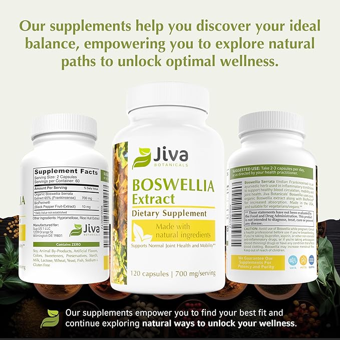 Jiva Botanicals Boswellia Extract Capsules 700mg per Serving - Boswellia Serrata Extract Supplement & Black Pepper - Joint Support Supplement for Normal Joint Health - 120 Capsules (Pack of 1)
