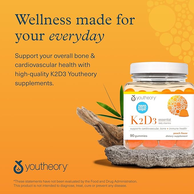 Youtheory K2D3 - Immune, Bone & Heart Health Support - Combines Vitamin D3 & Vitamin K2 - Dairy, Soy & Gluten Free - 90 Vegetarian Capsules