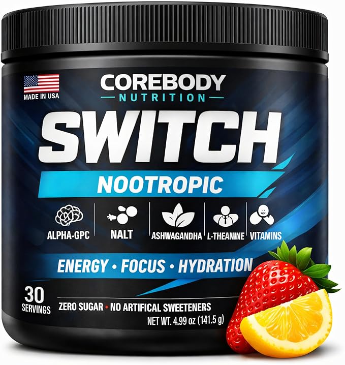 Switch, Brain Boosting Nootropic Energy Supplement Powder - Made in USA - Alpha GPC, NALT, Ashwagandha, Sugar Free Energy, Keto, Increase Mental Focus & Cognitive Function, Enhances Mood & Memory