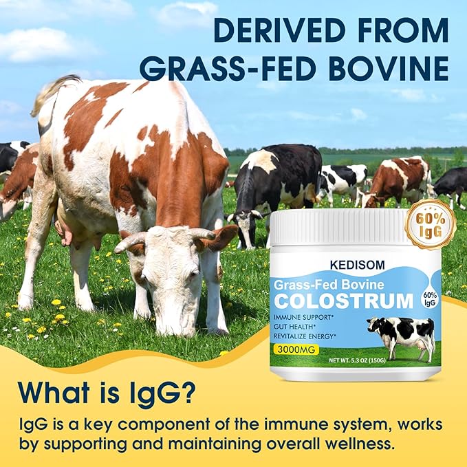 Grass-Fed Bovine Colostrum Supplement Powder - 60% High IgG 3000 mg for Gut Health, Immune Support - Easy to Mix Natural Liposomal Colostrum Superfood, Unflavored, 50 Servings