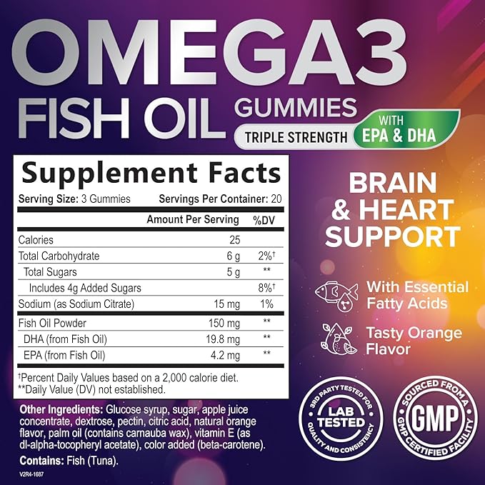 Omega 3 Fish Oil Gummies - 3X Strength Heart Health Support, High Absorption Omega 3 Fish Oil Gummy Supplement with DHA & EPA, Joint & Brain Support for Adults, Delicious Orange Flavor- 60 Gummies