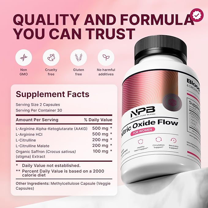 Nature's Pure Blend Nitric Oxide Supplements for Women – L-Arginine L-Citrulline – Heart Support & Flow Circulation Booster – 1500MG L Arginine and L Citrulline, Preworkout, Bodybuilding