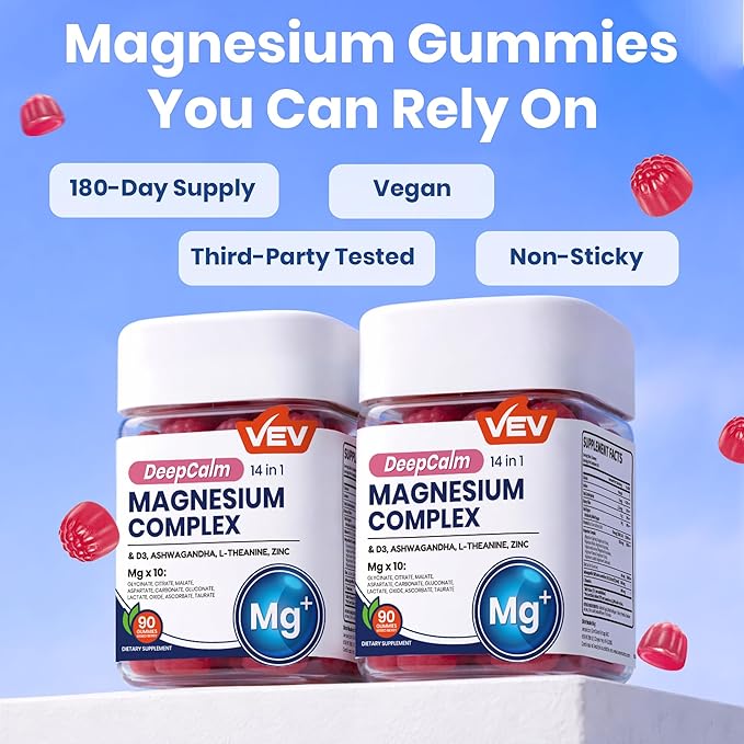 VEV Deep Calm Magnesium Complex 14-in-1 Gummies with Ashwagandha, L-Theanine, Vitamin D3 & Zinc for Women and Men, Vegan Magnesium Glycinate Gummies, 180 Gummies Total, Pack of 2