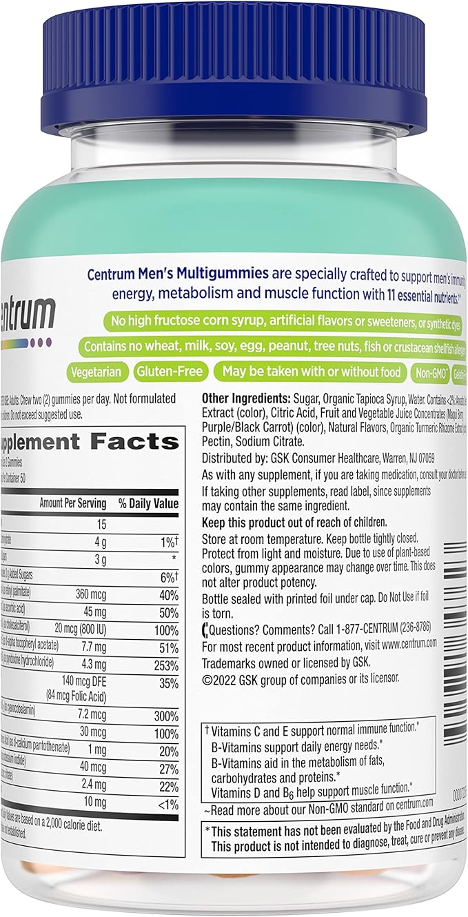 Centrum Men's Multivitamin Gummies, Immune, Energy, Healthy Appearance Support, 100 Count, 50 Day Supply