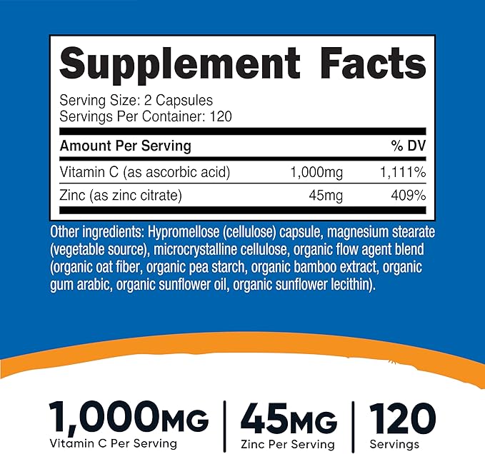 Nutricost Vitamin C with Zinc Capsules, 120 Servings - 1000mg, 45mg Zinc, Non-GMO, Gluten Free Vitamin C Supplement