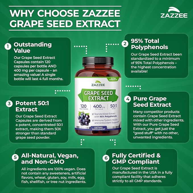 Zazzee High Strength Grape Seed 50:1 Extract, 120 Vegan Capsules, 95% Polyphenols, 400 mg per Capsule, 4 Month Supply, Antioxidant, Circulation & Blood Flow Support, Non-GMO, Made in the USA