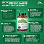 Zazzee High Strength Grape Seed 50:1 Extract, 120 Vegan Capsules, 95% Polyphenols, 400 mg per Capsule, 4 Month Supply, Antioxidant, Circulation & Blood Flow Support, Non-GMO, Made in the USA