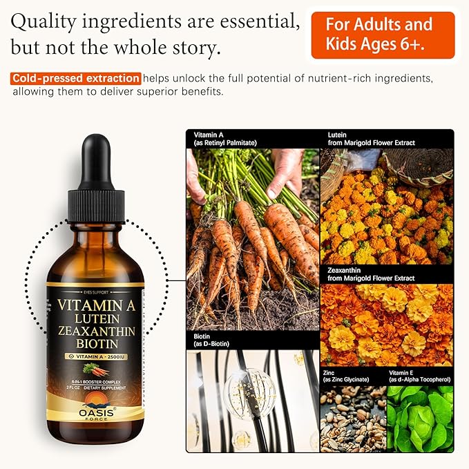 6 in 1 Vitamin A Liquid Drops with Lutein & Zeaxanthin, Vita A Retinyl Palmitate for Skin, Vision & Immune Support, Adults & Kids Ages 6+, Vegan, Non-GMO, 2 Fl Oz