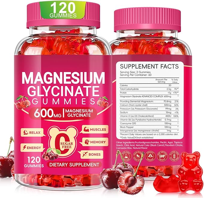 Magnesium Glycinate Gummies 600mg for Women and Men, High Absorption Magnesium Glycinate with Vitamin D, B6, and CoQ10 for Calm Support & Sleep, Sugar Free, Vegan, 120 Count