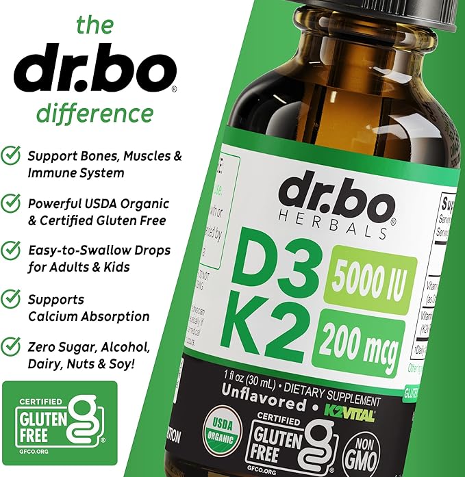 Vitamin D3 K2 Liquid Drops - Organic D3K2 Vitamin D3 K2 Drops Liquid Supplement MCT Oil for Adults & Kids, Calcium Absorption Strong Bones - Vit D and K 5000 IU Supplements, Vitamins D + K MK7 1 Fl Oz