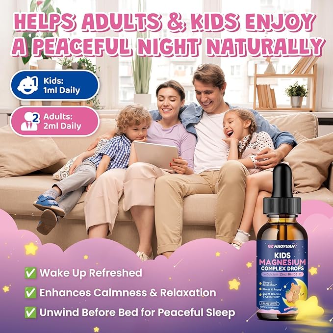 Kids Magnesium Liquid Drops - Magnesium Glycinate Drops for Kids, Citrate Liquid with Calcium, Omega-3, L-theanine, Zinc, Vitamin B6 D3 C for Sleep, Relaxation, Calm & Focus, Strawberry Flavor,2 Fl Oz