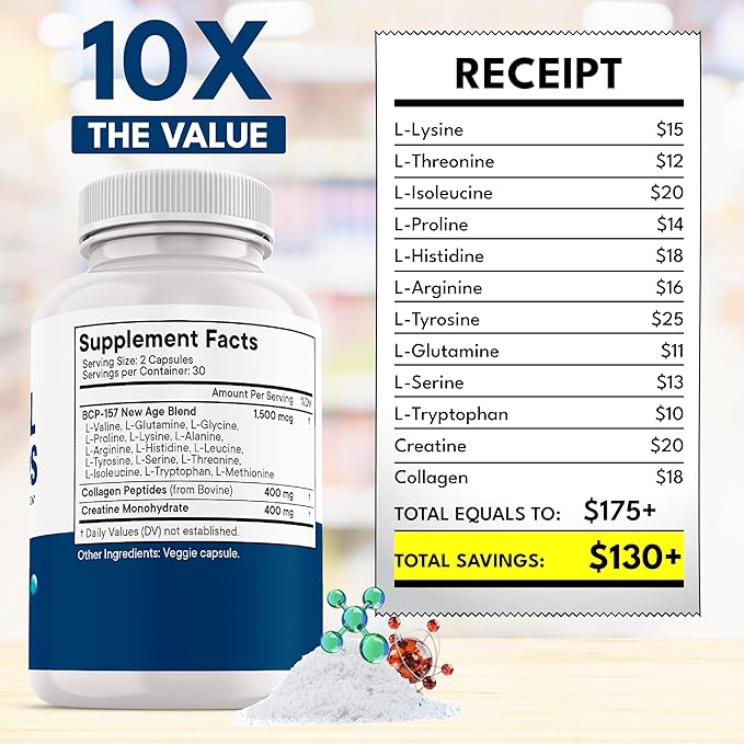 NEW AGE Amino Acid Complex – 20 Aminos with BCAAs, L-Glutamine, L-Arginine & Hyaluronic Acid – Supports Recovery, Energy, Immune Health & Wellness – Non-GMO, Gluten-Free – 120 Capsules