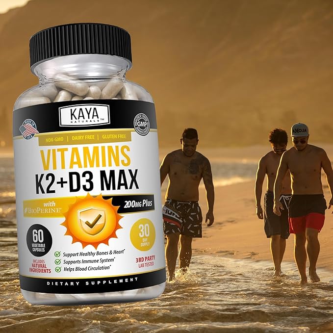Kaya Naturals Vitamins K2 with D3 5000IU Supplement for Men and Women - Easy to Swallow - Bioperine Capsules (60 Count (Pack of 1)