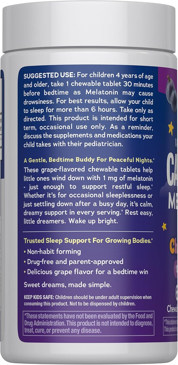 Natural Vitality Kids Calm Sleep Melatonin | 1mg Chewable Tablets | 100% Drug Free | Nighttime Grape Flavored Supplement | 60 Count