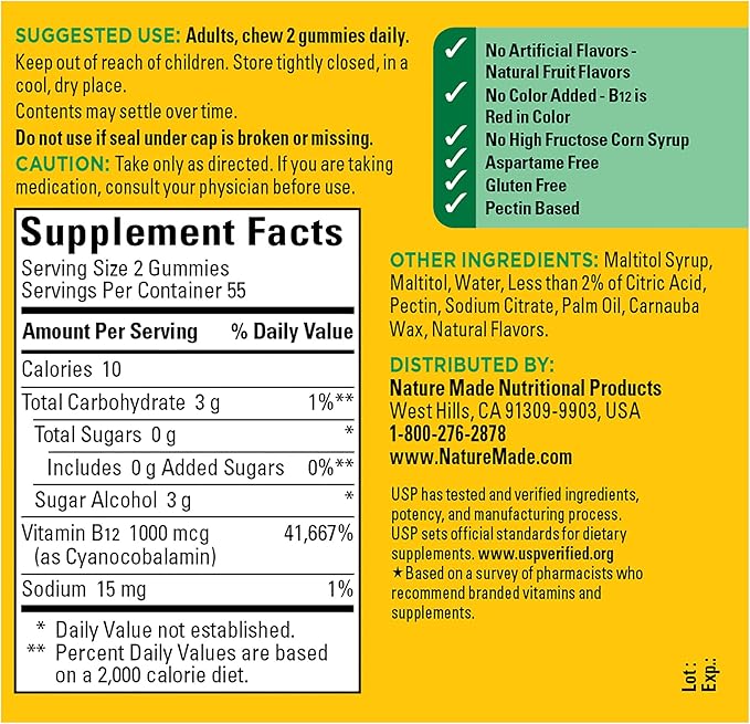Nature Made Zero Sugar Energy Vitamin B12 Gummies 1000 mcg per Serving,B12 Vitamin,Energy Metabolism Support,Aspartame Free,110 Sugar Free Gummies,55 Day Supply,(Pack of 2)