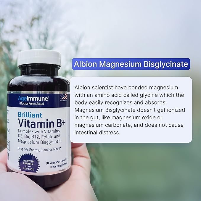 AgeImmune Vitamin B Complex with Vitamin D3 B12 B6 Magnesium Bisglycinate and Folate as Methylfolate - Doctor Formulated Methylated B Complex Supplement – 60 Capsules - Without Niacin