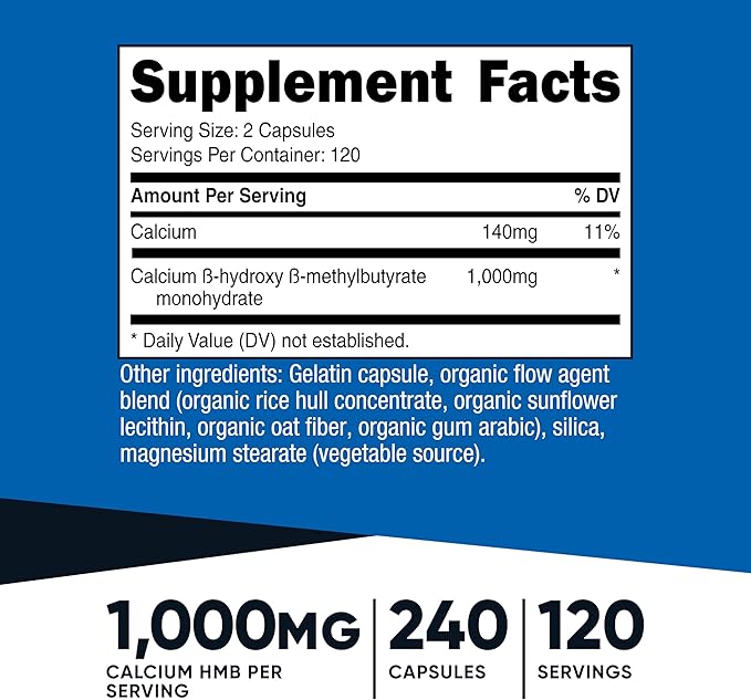 Nutricost HMB (Beta-Hydroxy Beta-Methylbutyrate) 1000mg (240 Capsules) - 500mg Per Capsule, 120 Servings - Gluten Free and Non-GMO