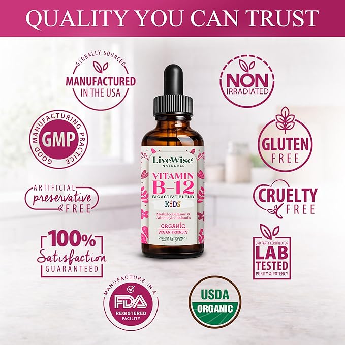 Organic Vitamin B12 Liquid Drops for Kids – Bioactive Blend with Methylcobalamin & Adenosylcobalamin - Vegan, Non-GMO, USDA Organic, 3 Months Supply, 0.4 FL OZ