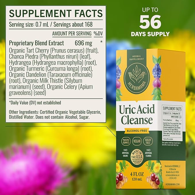 HERBAMAMA Uric Acid Cleanse Liquid Drops - Vegan Uric Acid Flush with Tart Cherry, Chanca Piedra & Dandelion Root Tincture - Non-GMO, Alcohol & Sugar-Free Supplement, 56-Day Supply