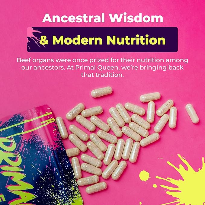 Primal Queen Female-Optimized Beef Organ Superfood Supplement (Beef Liver, Kidney, Heart, & 3 More) - 100% Grass Fed, Pasture Raised Cattle - Balance Hormones, Energy, & More for Women (Pack of 3)