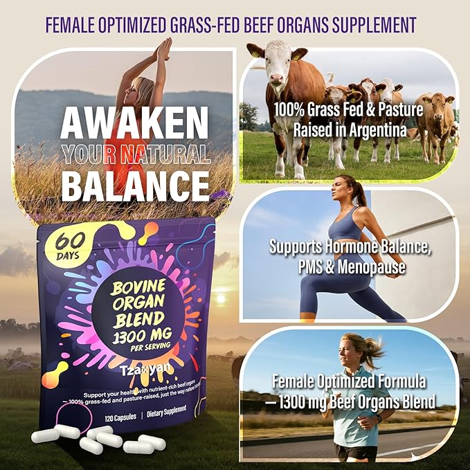 1300MG Beef Organ Supplement for Women, 100% Grass Fed Beef Liver, Uterus, Ovary & 3 More, Bovine Organ Capsules for Supports Women's Overall, Endocrine Balance, Energy, Immunity, 60 Days