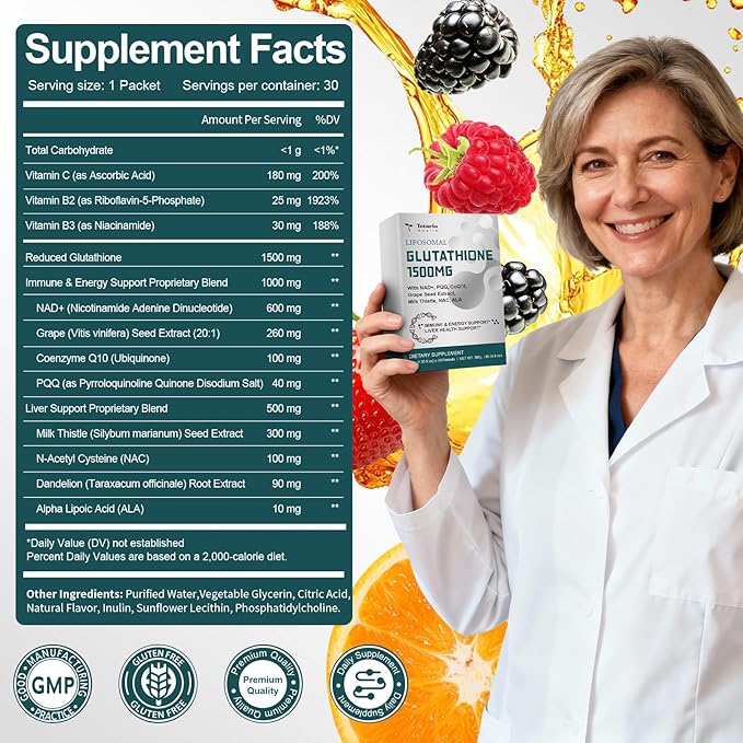 1500mg Liposomal Glutathione Supplement, 12-in-1 Ultra High Absorption Liquid Glutathione with NAD+, CoQ10, NAC & Alpha Lipoic Acid - Supports Natural Detoxification, Immune System & Antioxidant