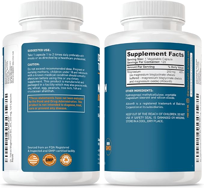 Dr. Tobias Magnesium Bisglycinate - High Absorption Magnesium Buffered Chelate Complex 200 mg per Capsule | Supports Energy, Muscle, Bone & Joint Health - Non-GMO Magnesium Supplement, 120 Capsules