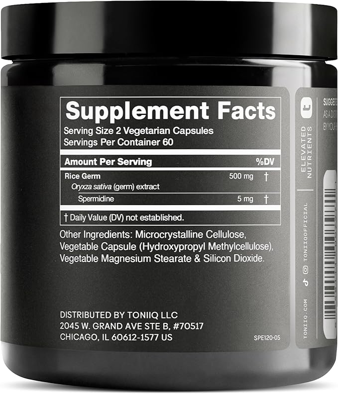 Toniiq Ultra Concentrated 500mg Spermidine Supplements for Men and Women - Non-Synthetic Spermidine Standardized to No Less Than 1% - 5mg per Serving Rice Germ Extract
