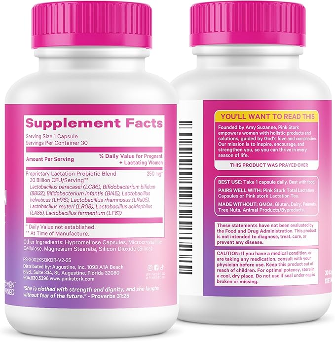 Pink Stork Lactation Probiotic - 30 Billion CFUs Multi Strain Postnatal Probiotics for Breastfeeding Women - Support Breast Milk & Gut Health, Postpartum Essentials, 30 Capsules