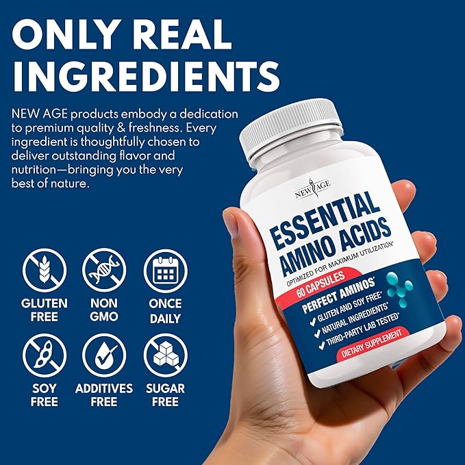 NEW AGE Amino Acid Complex – 20 Aminos with BCAAs, L-Glutamine, L-Arginine & Hyaluronic Acid – Supports Recovery, Energy, Immune Health & Wellness – Non-GMO, Gluten-Free – 180 Capsules