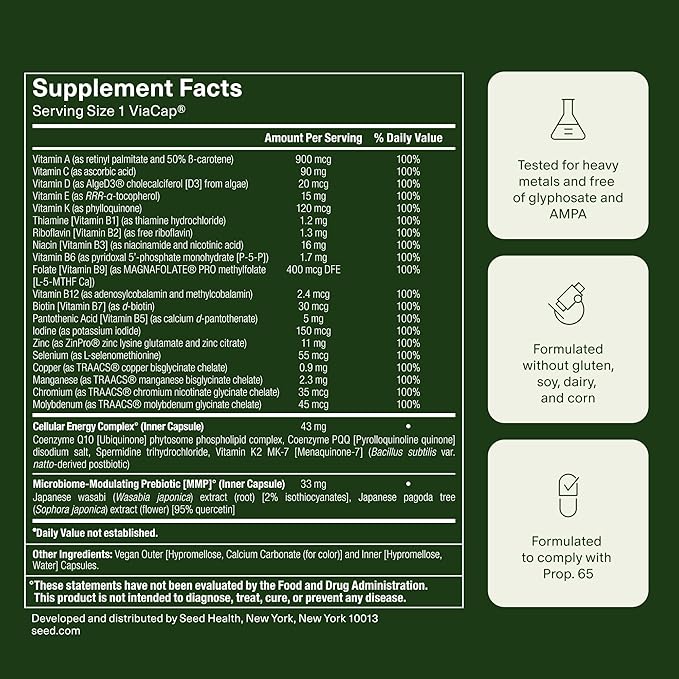 Seed DM-02 Daily Multivitamin - 100% DV Essential Vitamins and Minerals for Women & Men - Helps Fill Daily Nutrient Gaps - Immune, Bone, Hair, Skin & Nails Health - Vegan - 30 Capsules (30-Day Supply)
