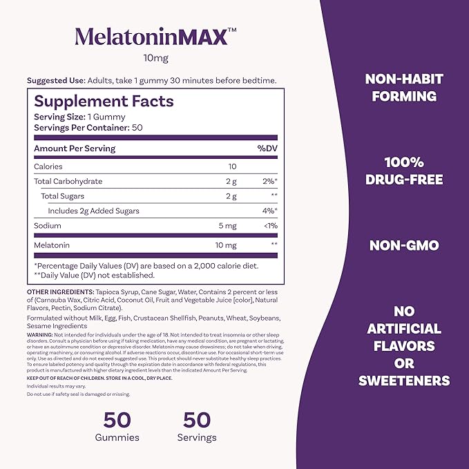 Natrol Melatonin 10mg Sleep Aid Supplement, 50 Count MelatoninMax Gummies, Blueberry Flavor, 10 mg Melatonin Gummies for Occasional Sleeplessness, 50 Day Supply
