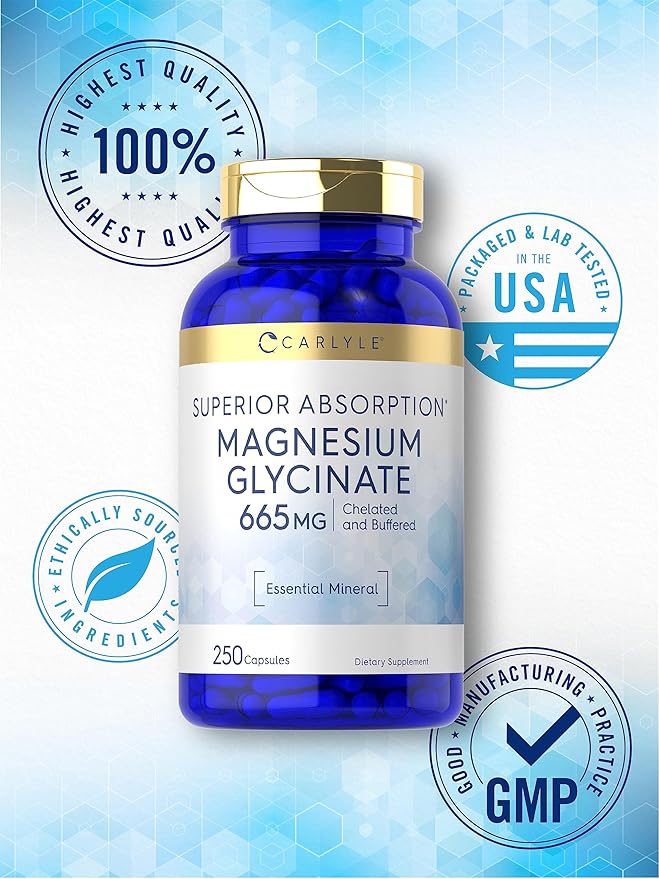 Carlyle Magnesium Glycinate | 665 mg | 250 Capsules | Non-GMO and Gluten Free Formula | Essential Buffered Mineral Supplement