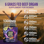 1300MG Beef Organ Supplement for Women, 100% Grass Fed Beef Liver, Uterus, Ovary & 3 More, Bovine Organ Capsules for Supports Women's Overall, Endocrine Balance, Energy, Immunity, 60 Days