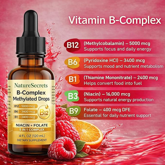 NATURESECRETS B-Complex Methylated Drops, with B12 B6 B1, Fast Sublingual Absorption, Essential B Vitamins for Energy & Nervous System Support, Raspberry Flavor, 120 mL / 4 fl oz