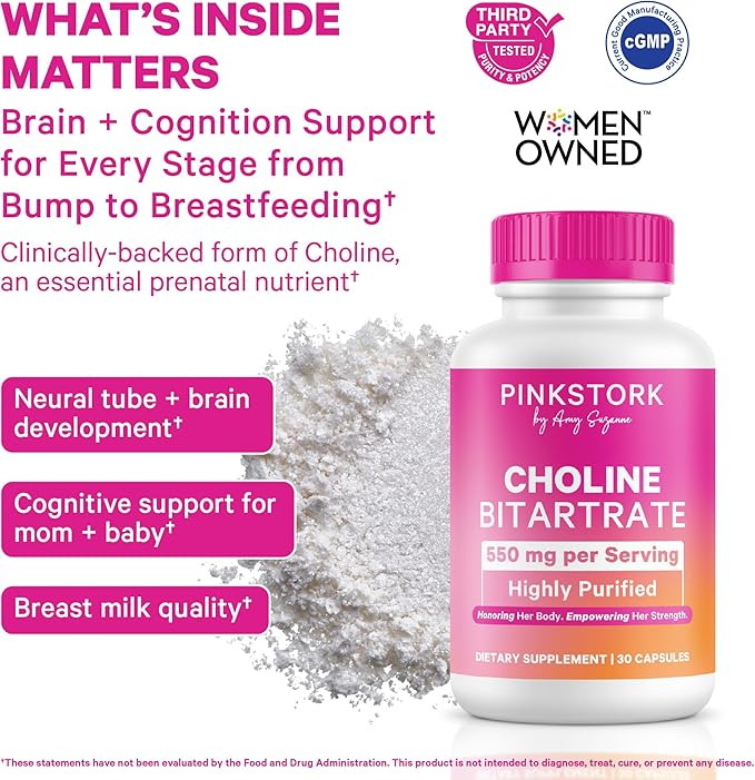 Pink Stork Choline - 550 mg Choline Bitartrate from VitaCholine for Pregnant + Postpartum Moms - Prenatal Vitamin for Fetal Cognitive Health + Breast Milk Quality - 1 Capsule Daily, 30 Count